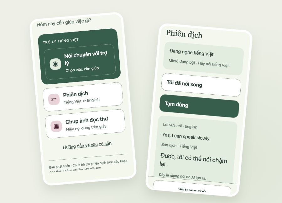Project mobile screen designs in Vietnamese, showing guided assistance, interpreting and document-reading actions