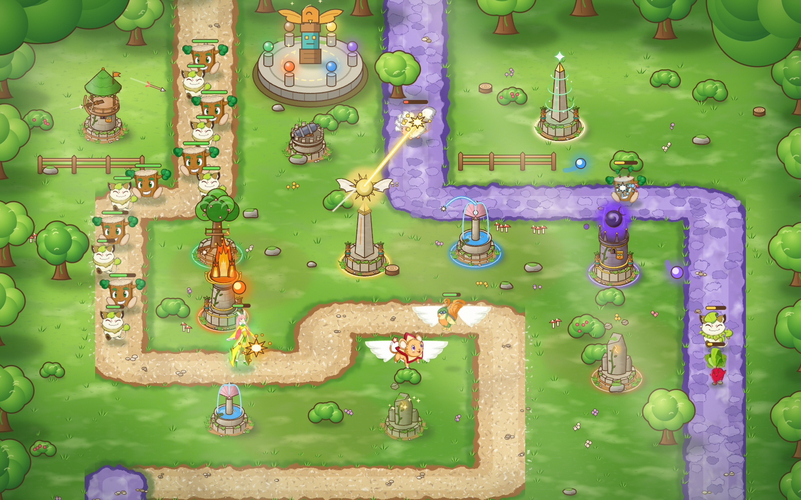 Project game artwork with illustrated forest terrain, winding routes, defensive towers and animated-character designs